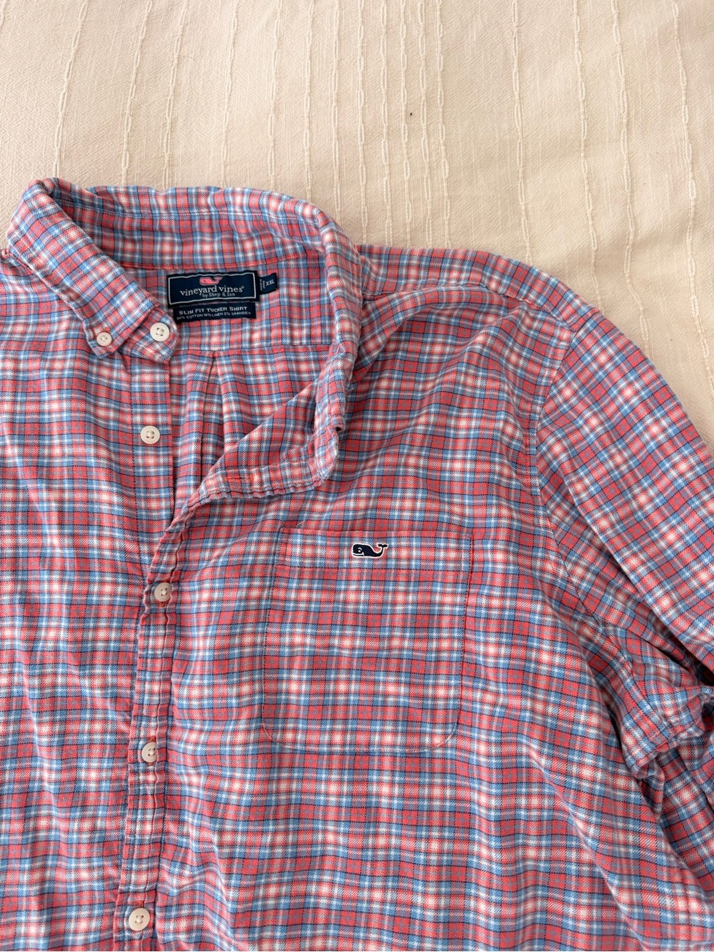 Vineyard Vines Coral Pink and Light Blue Plaid Button-Down Shirt